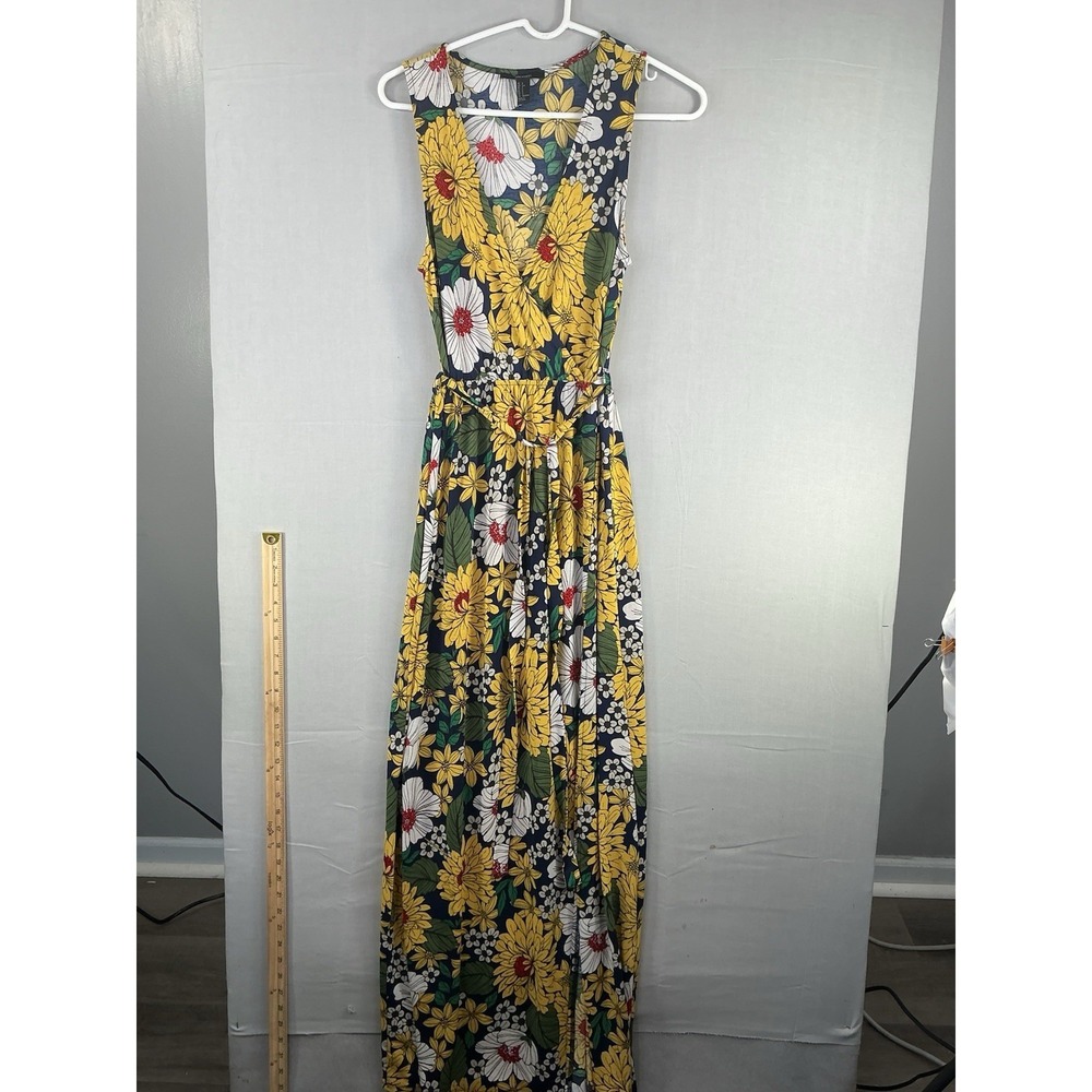 Forever 21 Yellow/Green Floral Maxi Long Slit‎ Sleeveless Dress Women's Sz Small